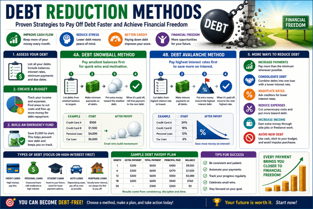 Debt reduction methods infographic showing debt snowball, debt avalanche, budgeting, debt repayment strategies, and financial freedom concepts.