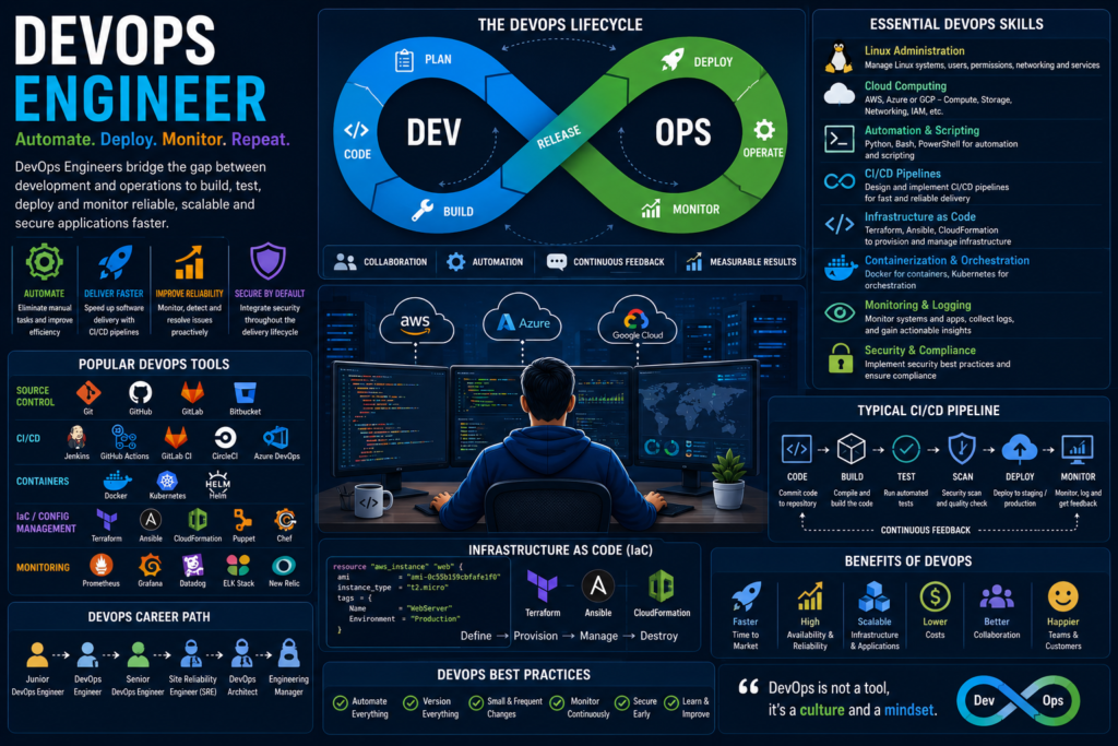DevOps engineering cheat sheet infographic