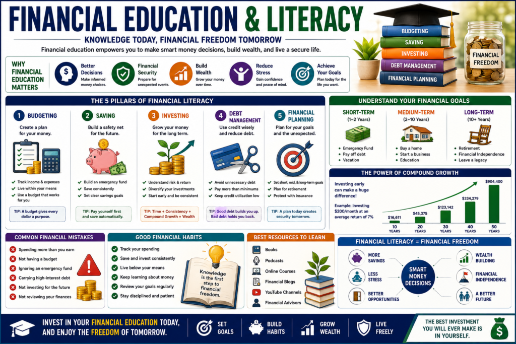 Financial education and literacy infographic showing budgeting, saving, investing, debt management, financial planning, and wealth-building concepts.