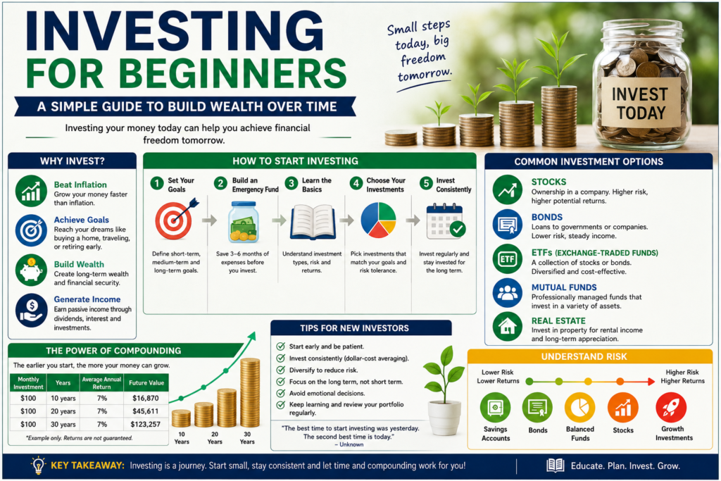Investing for beginners infographic showing stocks, ETFs, diversification, compound growth, and long-term wealth-building strategies.