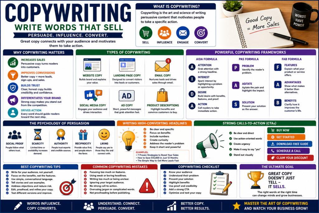 Copywriting infographic showing persuasive writing techniques, AIDA formula, sales copy, conversion optimization, marketing psychology, and content marketing strategies.