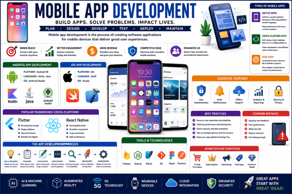 Mobile app development infographic showing Android development, iOS development, Flutter, React Native, app design, UI/UX principles, testing, deployment, and mobile application workflow.