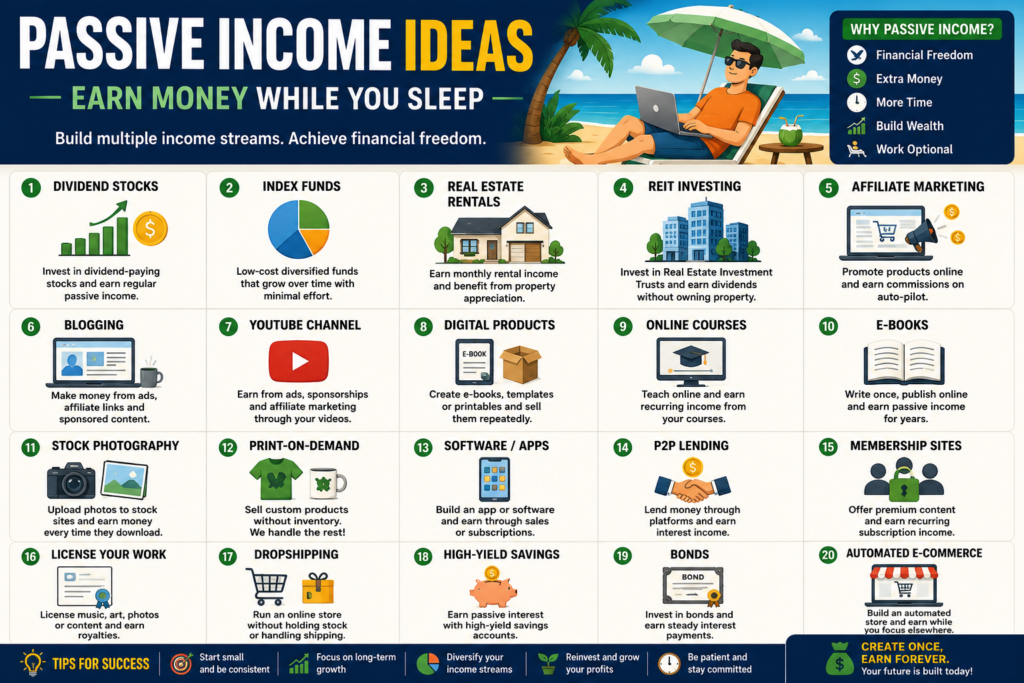 Passive income ideas infographic showing dividend investing, affiliate marketing, rental income, digital products, online courses, and multiple income streams for financial freedom.
