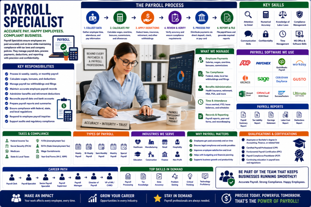 Payroll specialist career guide infographic