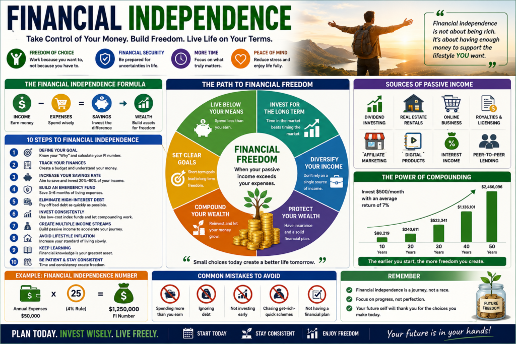 Financial independence infographic showing wealth building, passive income, investing, financial freedom, and long-term financial planning strategies.