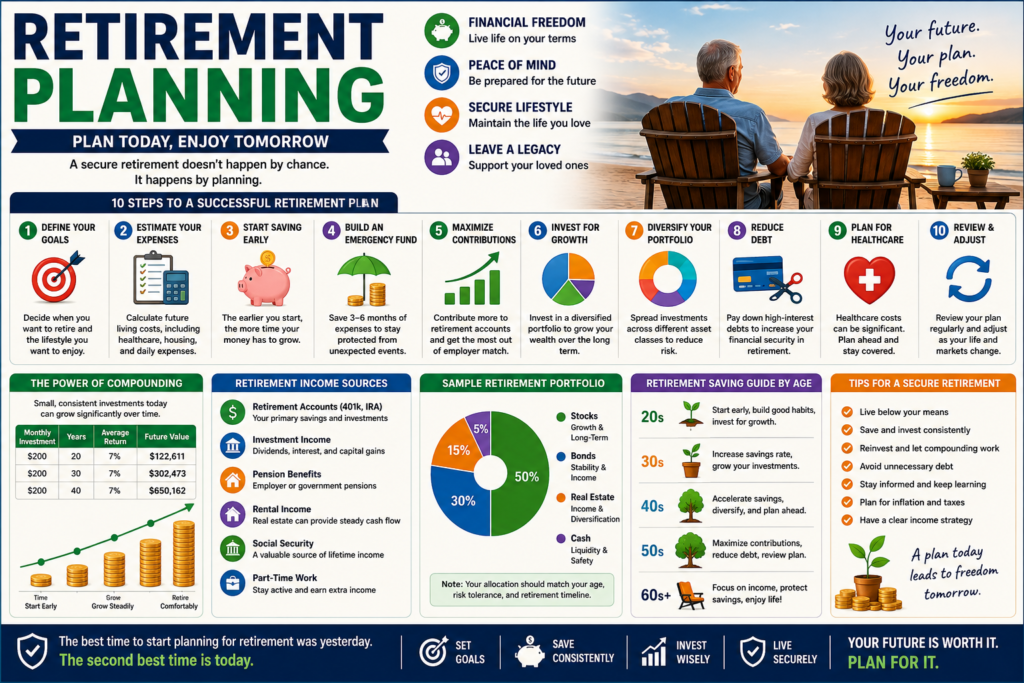 Retirement planning infographic showing retirement savings, investment growth, financial security, retirement goals, and long-term wealth-building strategies.