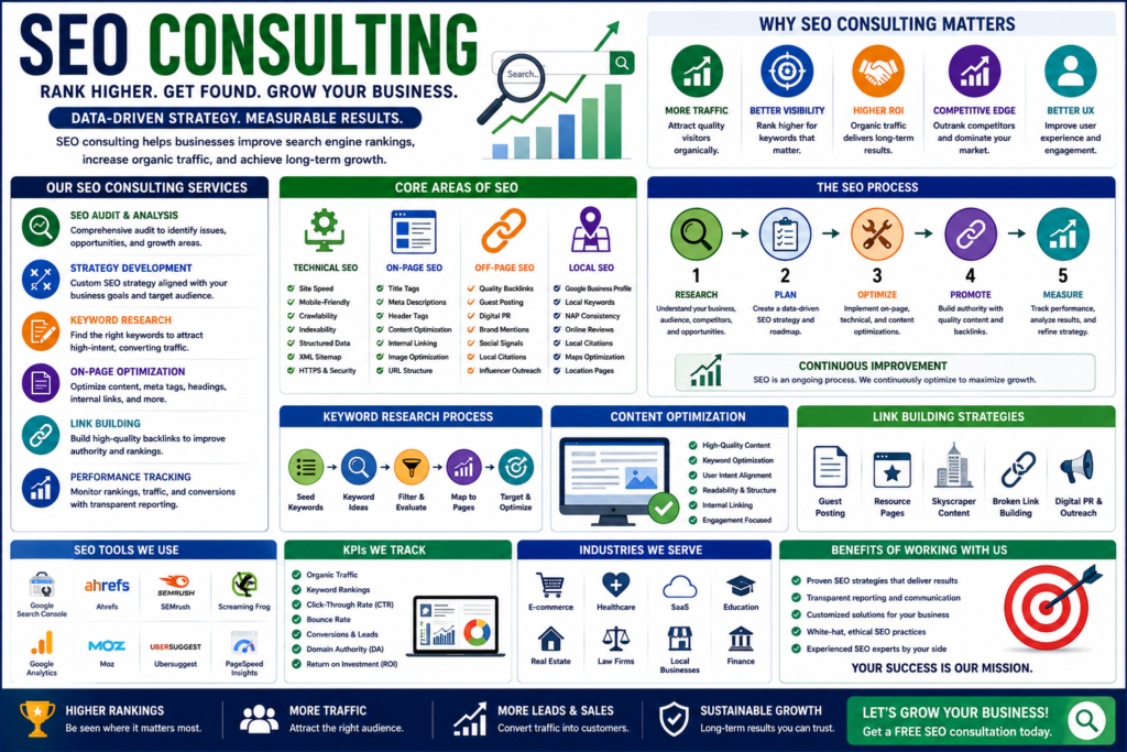 SEO consulting infographic showing keyword research, technical SEO, content optimization, link building, search rankings, organic traffic growth, and digital marketing strategy.
