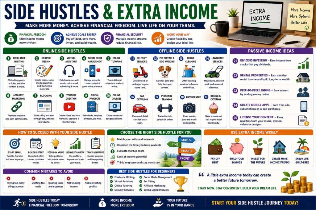 Side hustles and extra income infographic showing freelancing, online business, passive income, gig economy jobs, and wealth-building opportunities.