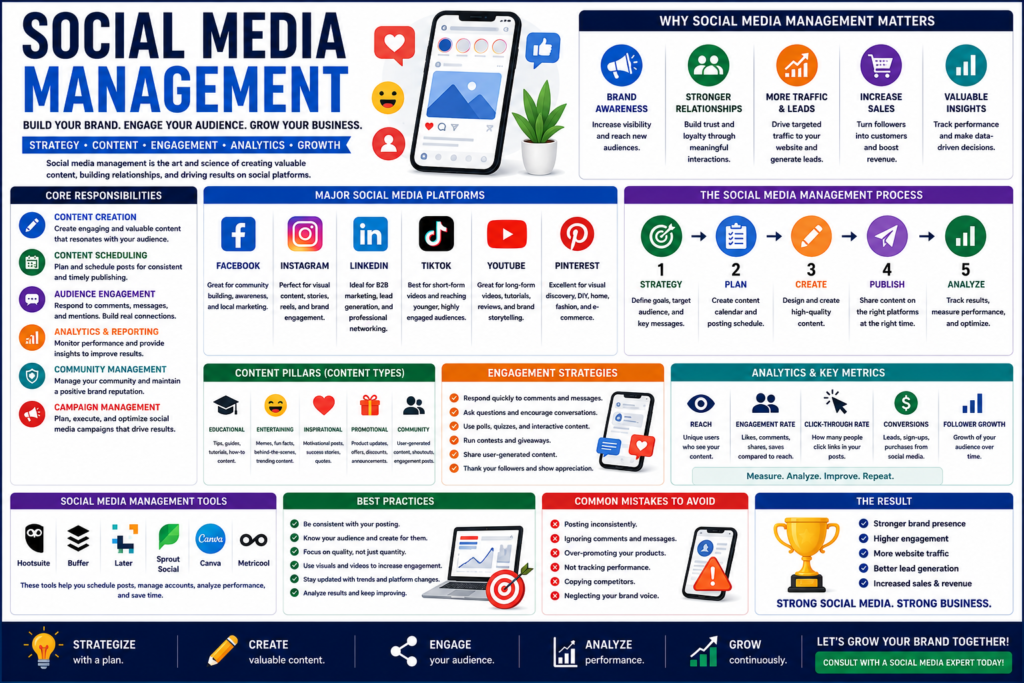 Social media management infographic showing content creation, scheduling, audience engagement, analytics, social media marketing strategy, and brand growth across multiple platforms.