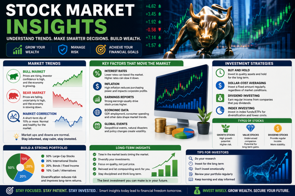 Stock market insights infographic showing market trends, stock analysis, investment strategies, portfolio growth, and wealth-building concepts.