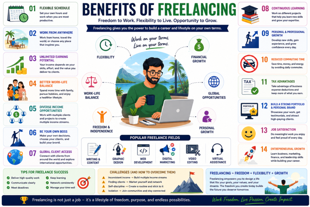 Benefits of freelancing infographic showing flexible work schedules, remote work opportunities, higher earning potential, work-life balance, global clients, and career independence.
