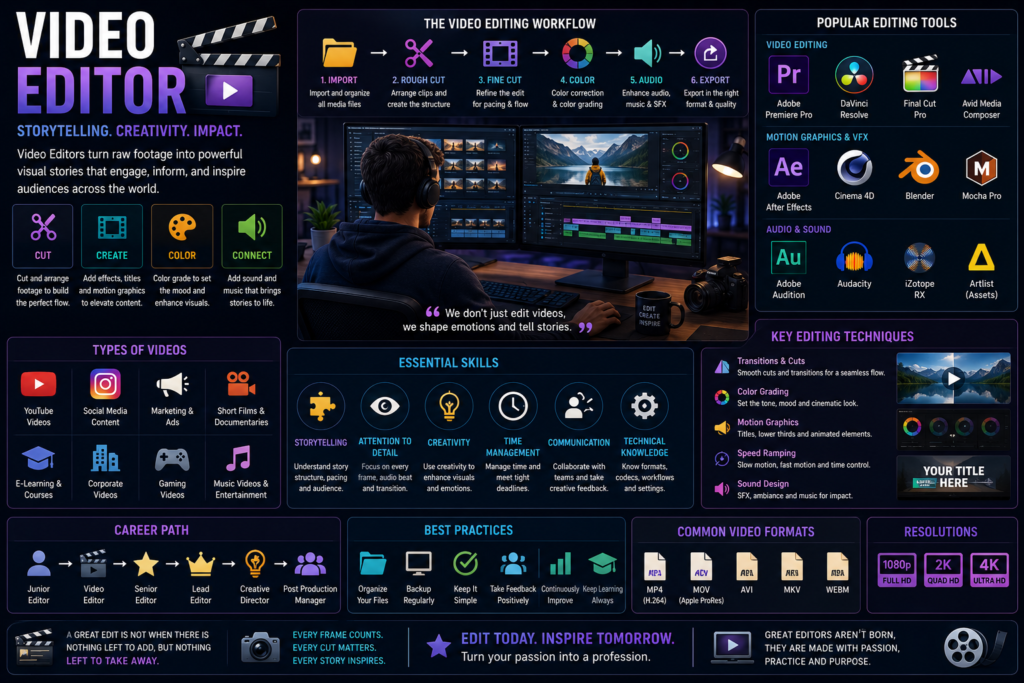 Video editing career guide infographic