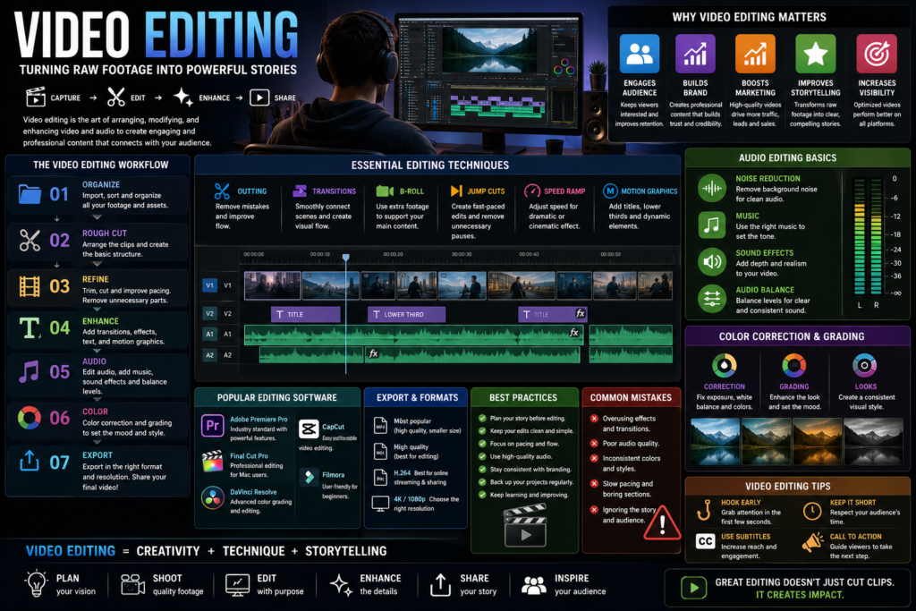 Video editing infographic showing editing workflow, video production, audio editing, color grading, motion graphics, editing software, storytelling techniques, and content creation process.