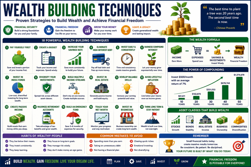 Wealth building techniques infographic showing investing, compound growth, passive income, financial planning, asset accumulation, and long-term wealth creation strategies.