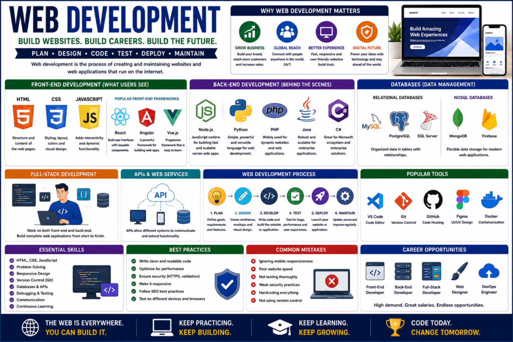 Web development infographic showing front-end development, back-end development, full-stack technologies, HTML, CSS, JavaScript, databases, APIs, and modern web development workflow.