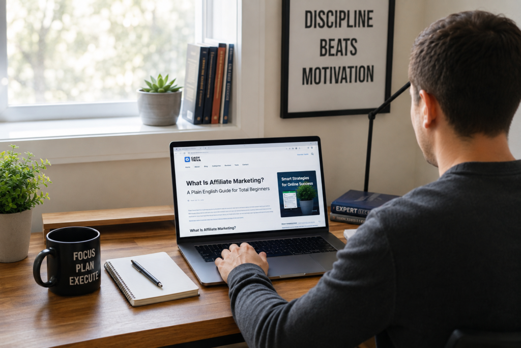 Focused and productive workspace moment